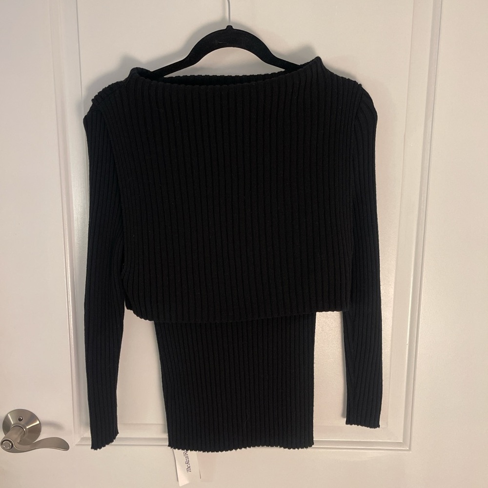 Black Ribbed mock Knit mid long sleeve Sweater
